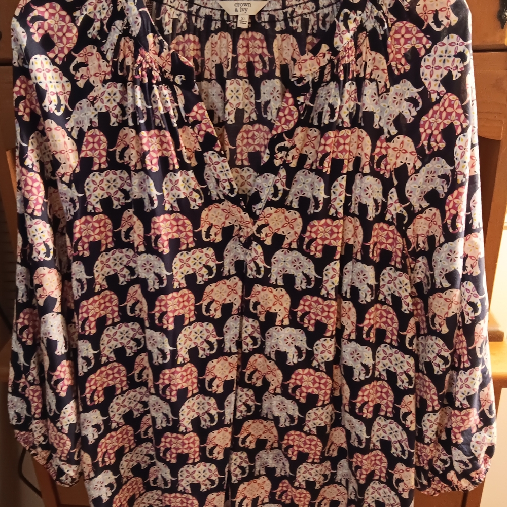 Crown & Ivy Navy Elephant Print Blouse